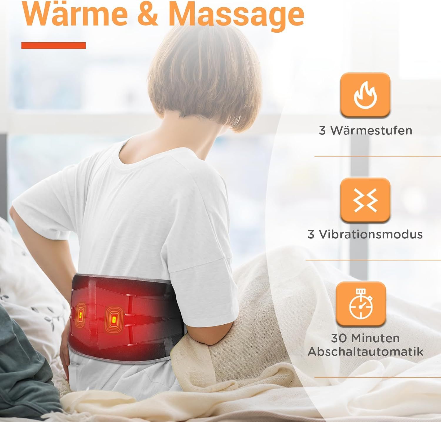 Rückansicht einer Frau mit einem schwarzen Heiz- und Massagegürtel für den unteren Rücken.