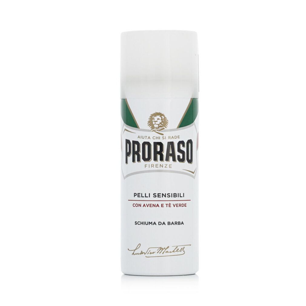 Weiße Rasiercreme-Dose. Aufschrift PRORASO, Firenze. Text: Pelli Sensibili con Avena e Tè Verde. Schaum für empfindliche Haut.
