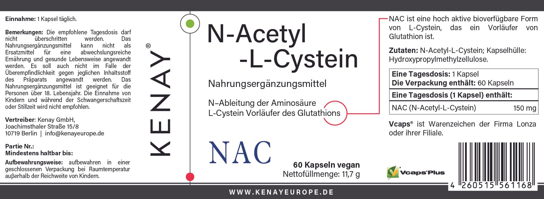 Etikett mit Aufschrift: N-Acetyl-L-Cystein, NAC, KENAY®. 60 Kapseln vegan. Informationen zu Inhaltsstoffen und Dosierung.