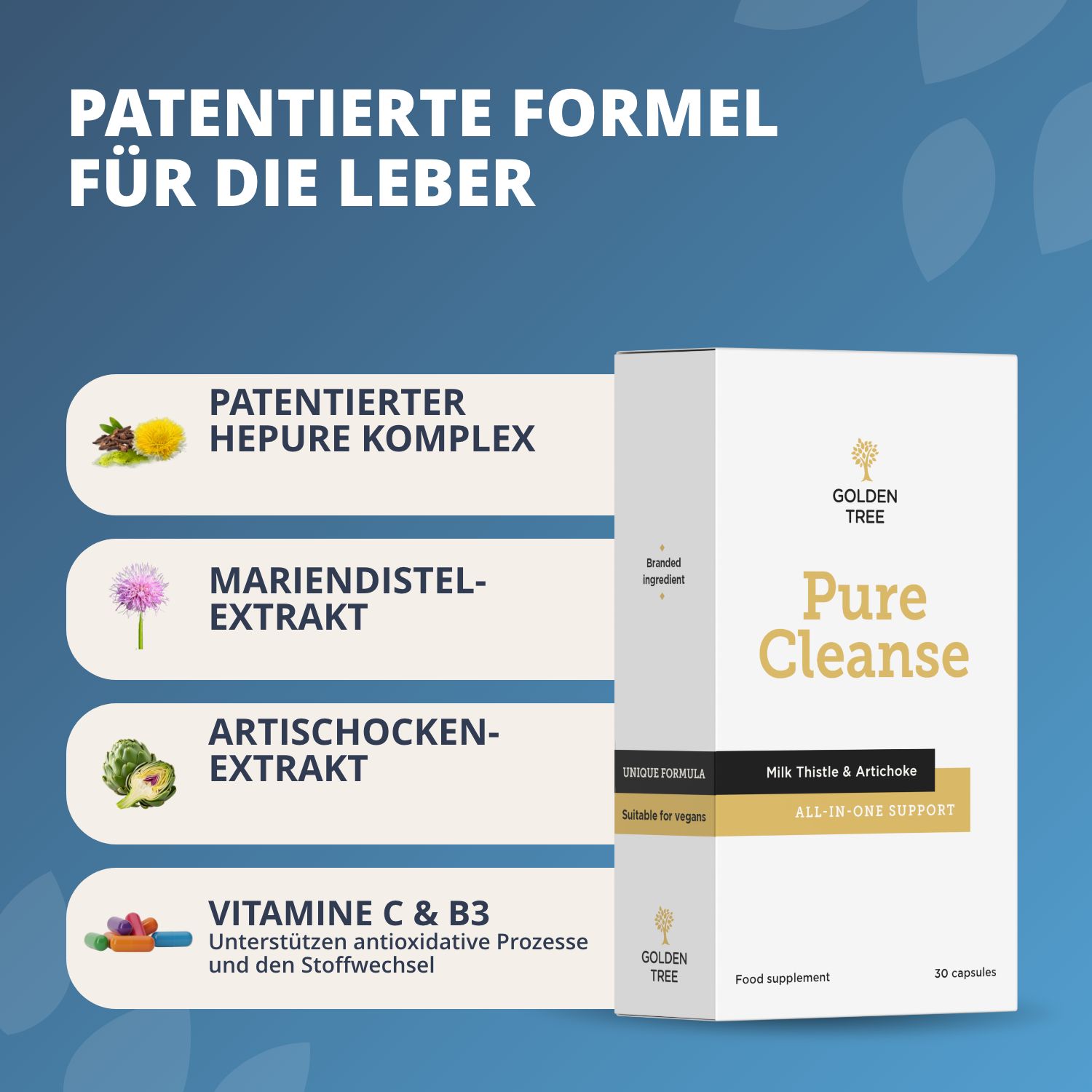 Verpackung mit "Pure Cleanse" und "Milk Thistle & Artichoke" Aufdruck. Enthält patentierte Formel für die Leber.