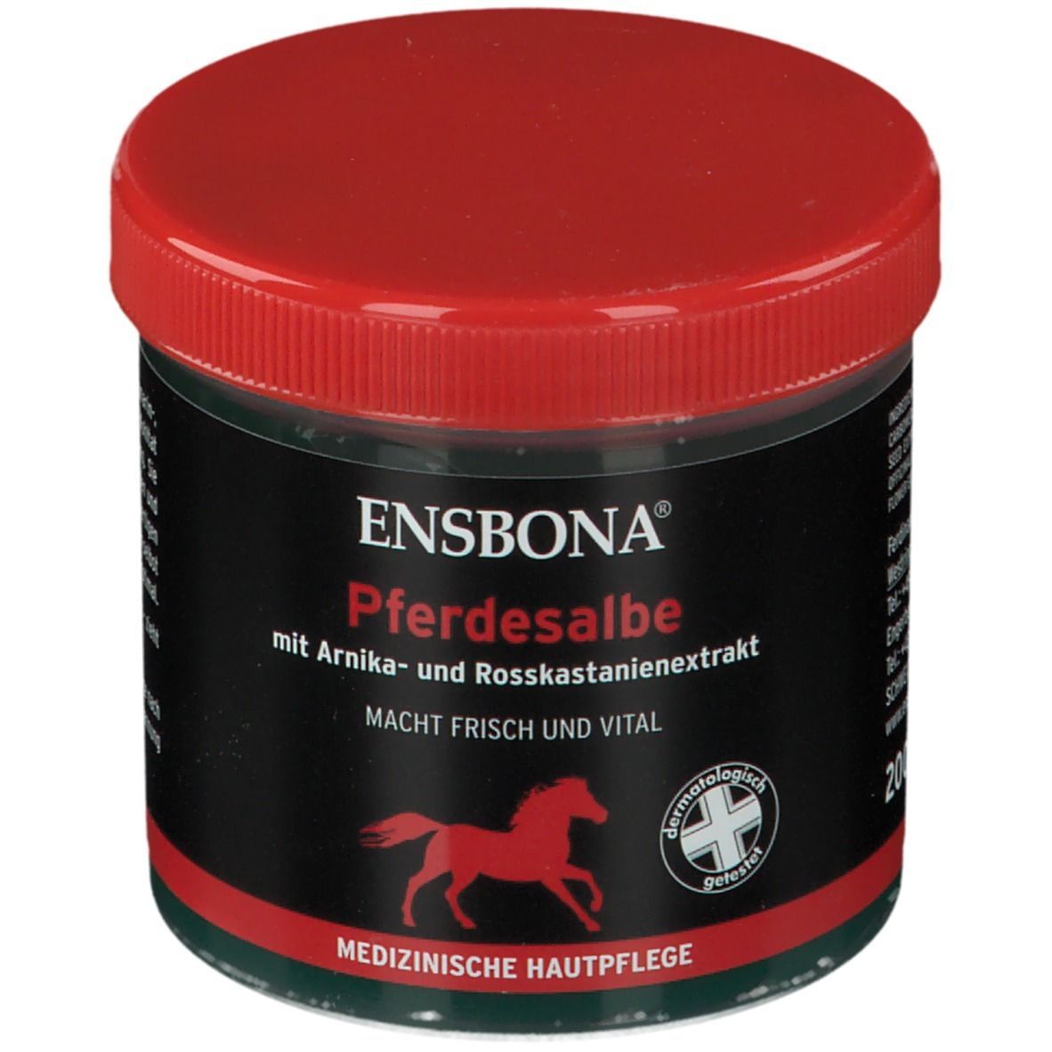 Dose Ensbona Pferdesalbe, roter Deckel, schwarzes Etikett. Rotes Pferd-Logo. Text: Medizinische Hautpflege, dermatologisch getestet.
