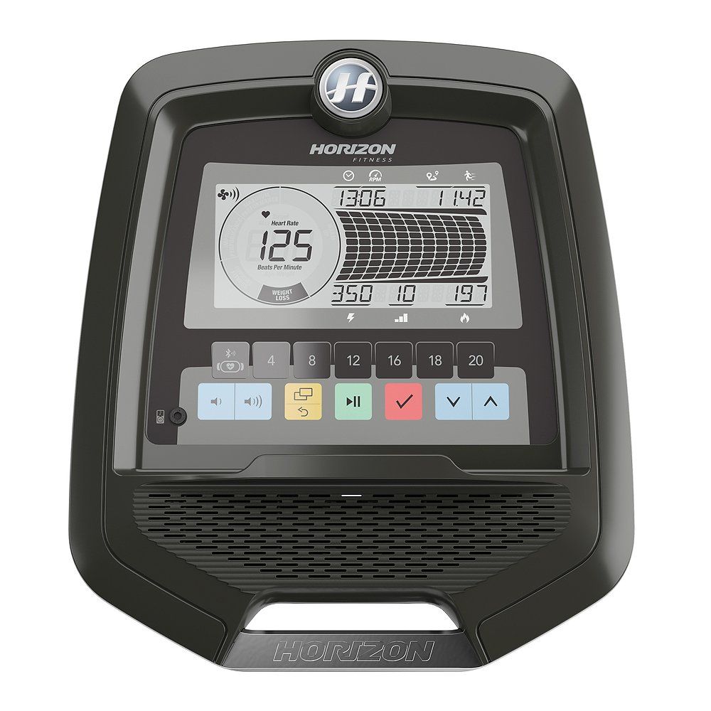 Konsole des Horizon Fitness Andes 5.1. Schwarzer Bildschirm mit Anzeige von Daten. Horizon-Logo oben.