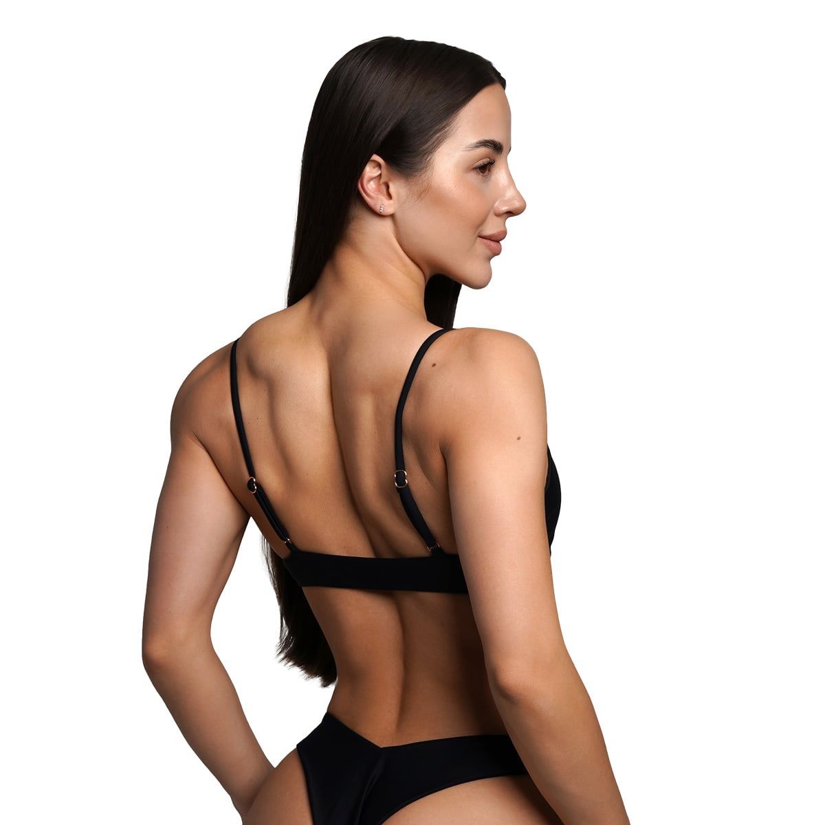 Rückansicht eines schwarzen Bikini-Oberteils mit verstellbaren Trägern und U-Ausschnitt.