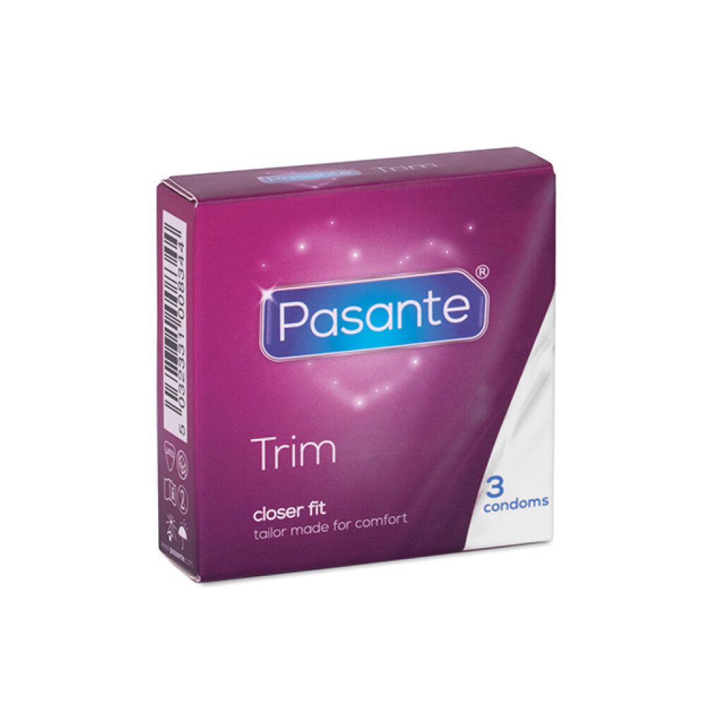 Pasante Trim Kondom-Packung. Enthält 3 Kondome. Lila Verpackung mit Produktnamen und Herz-Design.