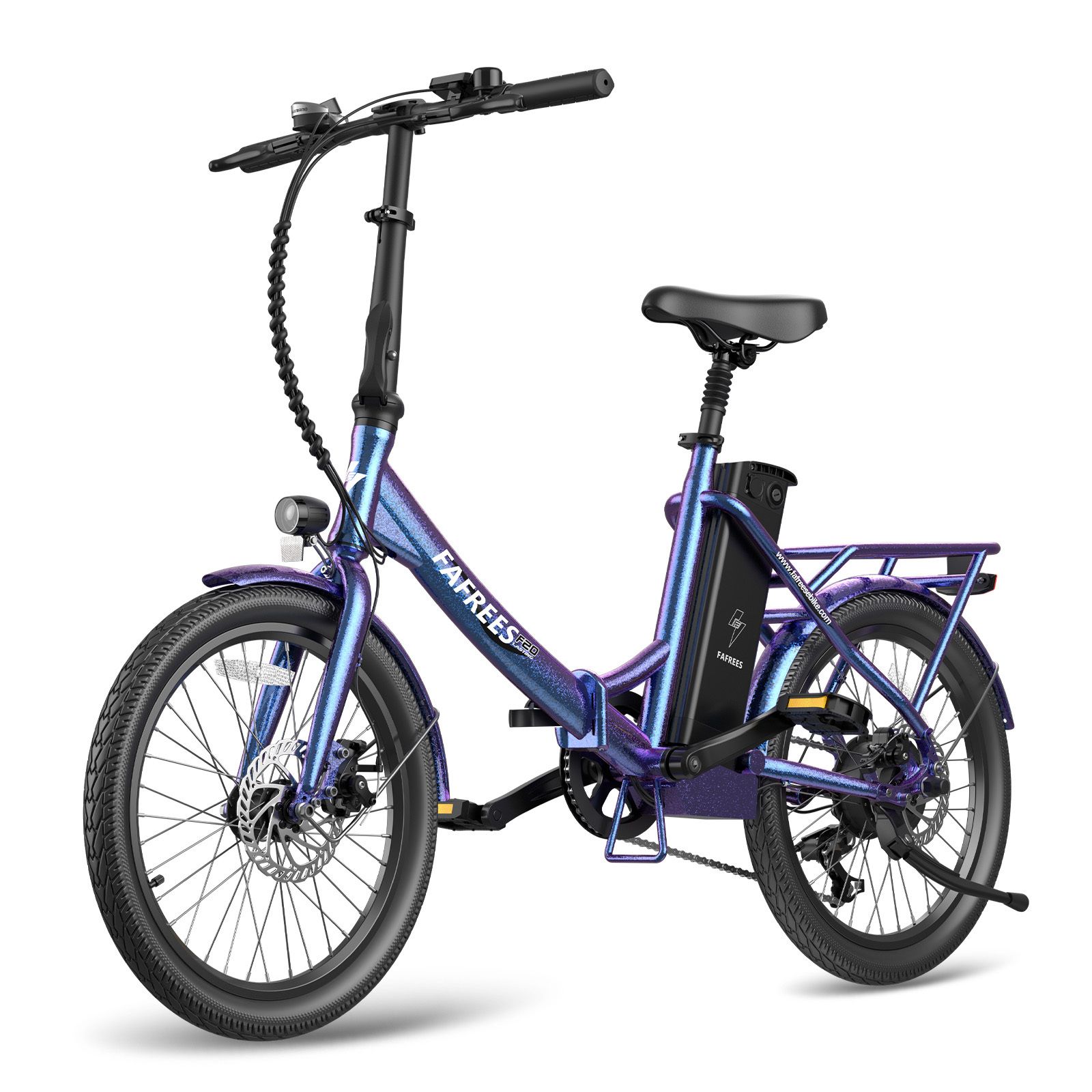 Blau-violettes Elektrofahrrad mit schwarzem Sattel und Gepäckträger. Marke FAFREES.