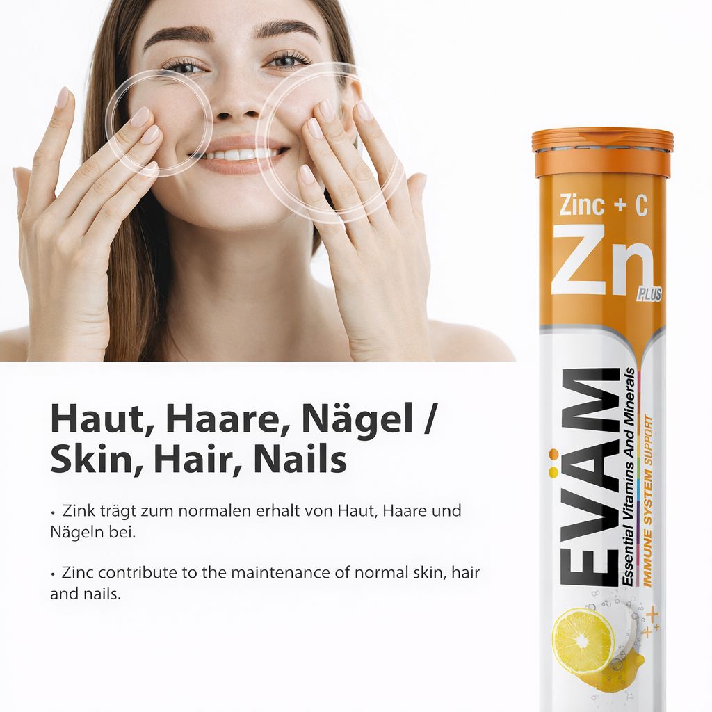 Brausetabletten-Tube mit EVÄM Vitamin C + Zink. Text: Haut, Haare, Nägel. Frau berührt Gesicht. Zink für Haut, Haare, Nägel.