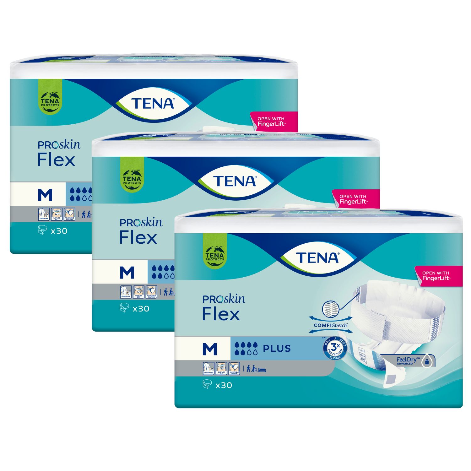 Drei Packungen TENA Flex Plus Inkontinenz-Pants in Größe M, jeweils 30 Stück.