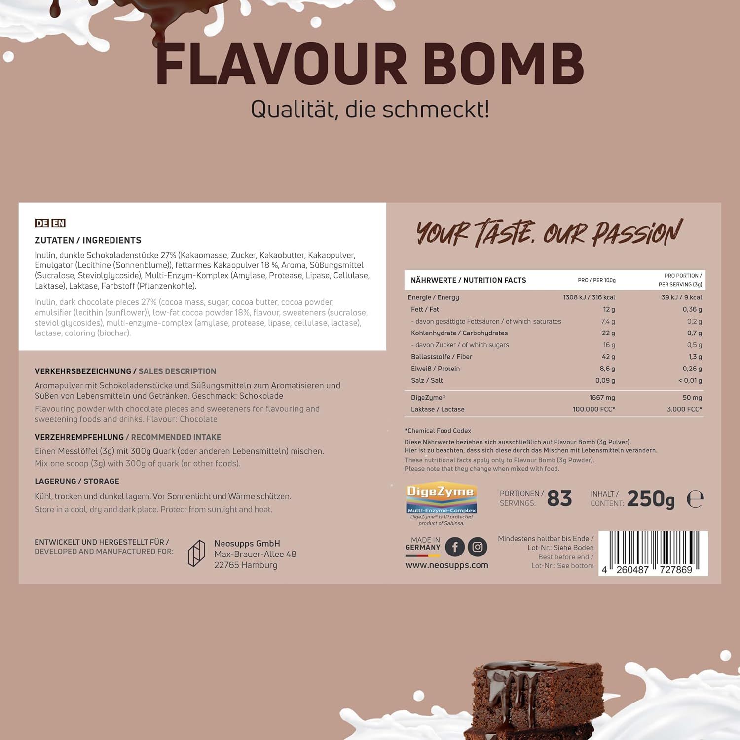 Produktverpackung mit Zutatenliste, Nährwertangaben und Text: FLAVOUR BOMB. Qualität, die schmeckt! Mit Logo, Zertifizierungen und Informationen.