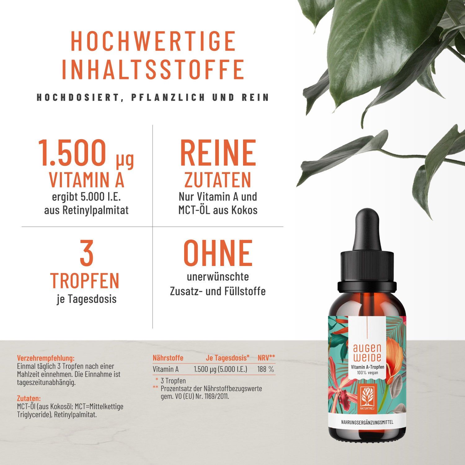 Produktflasche mit Tropfer neben Infografik. Text: Hochwertige Inhaltsstoffe, 1.500 µg Vitamin A, reine Zutaten, ohne Zusatzstoffe. Augenweide-Logo.