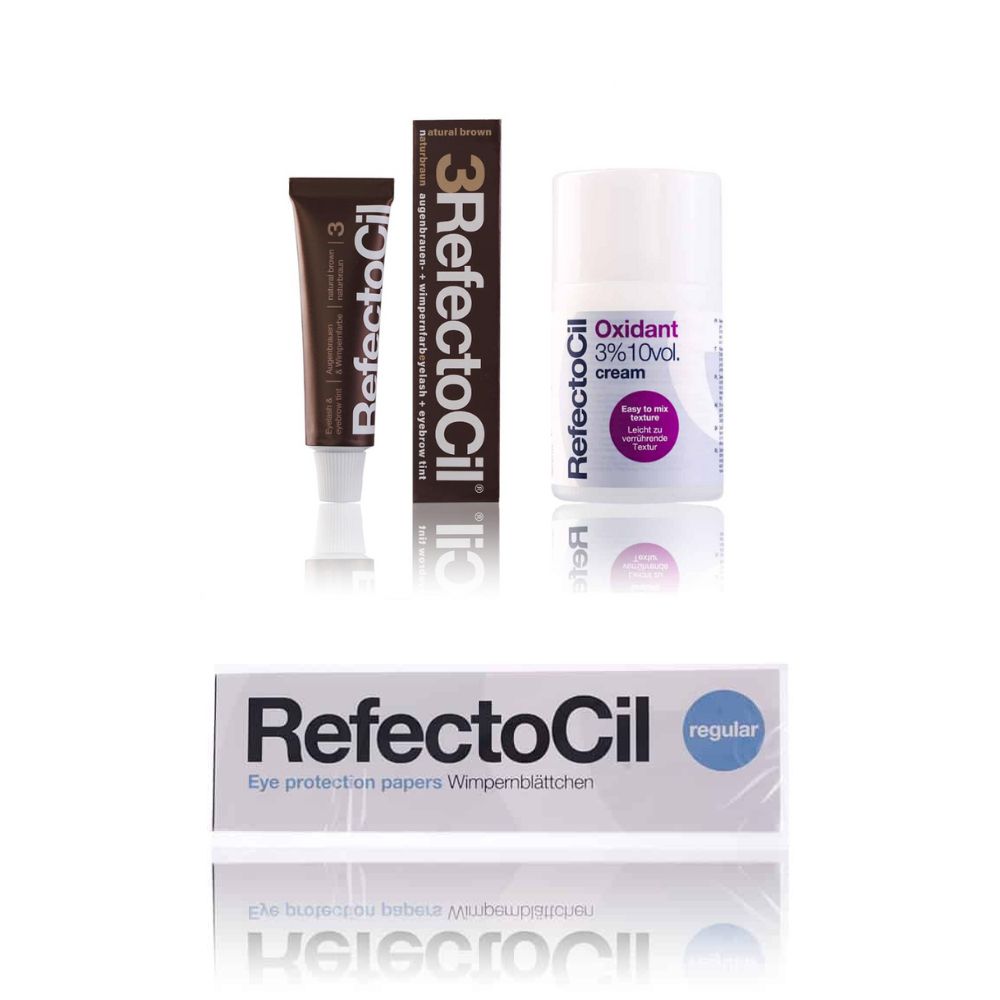Produkt-Set. Enthält Tube, Schachtel und Creme-Behälter. Aufschrift: RefectoCil, Oxidant 3% 10vol. cream, Eye protection papers Wimpernblättchen.