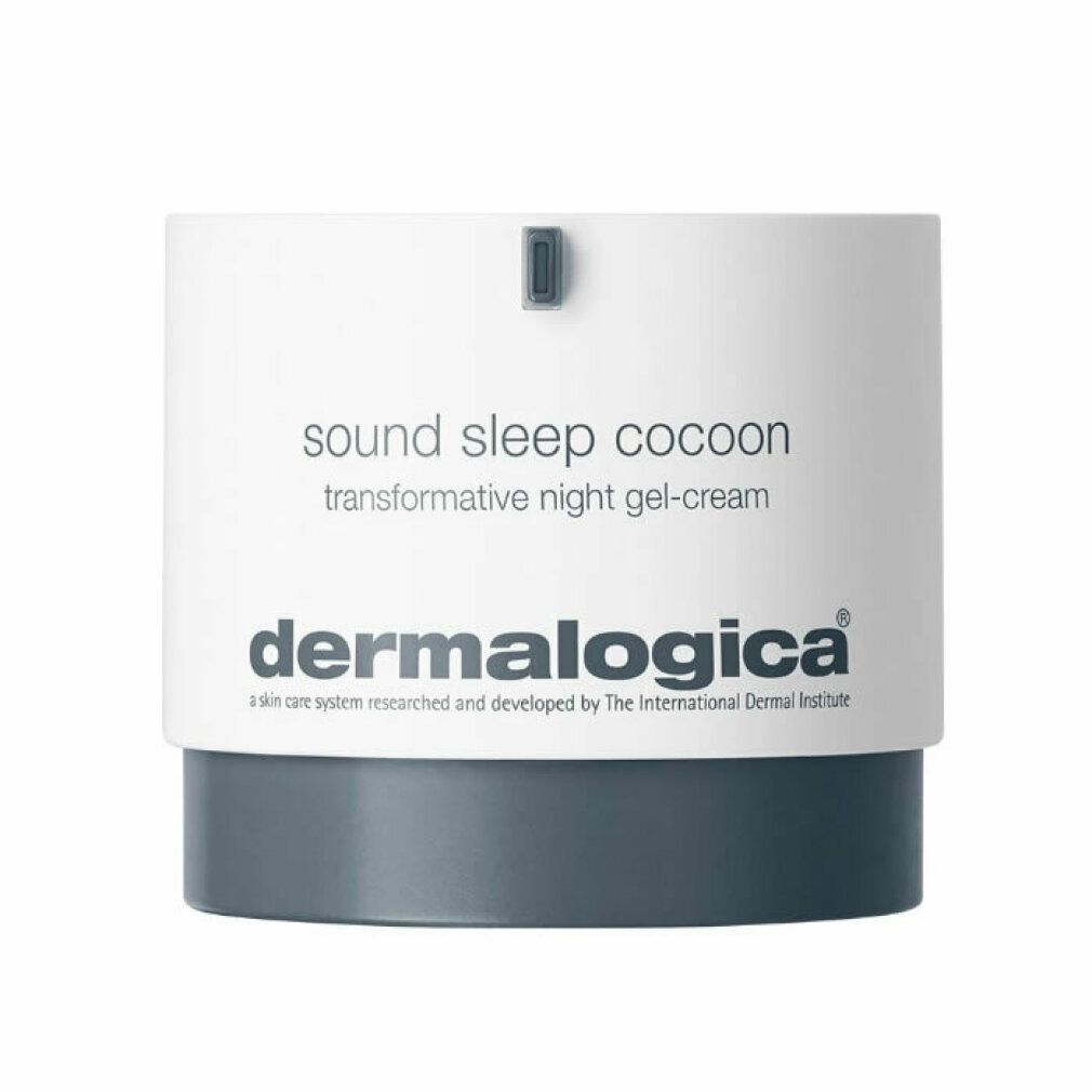 Zylinderförmige Dose mit weißem Deckel und grauem Boden. Aufschrift: sound sleep cocoon, Dermalogica.