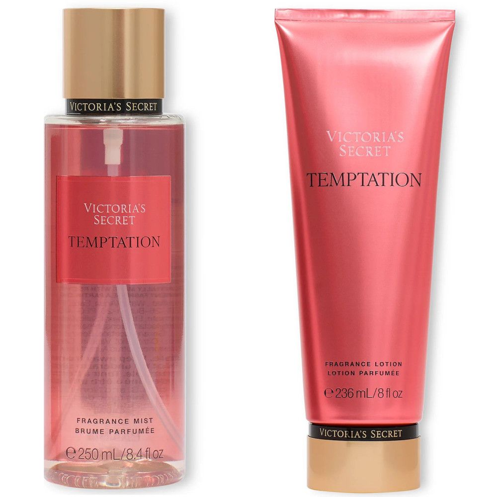 Körpernebel und Lotion-Set. Rosa Flasche und Tube mit goldfarbenen Deckeln. Text: Victoria's Secret Temptation.