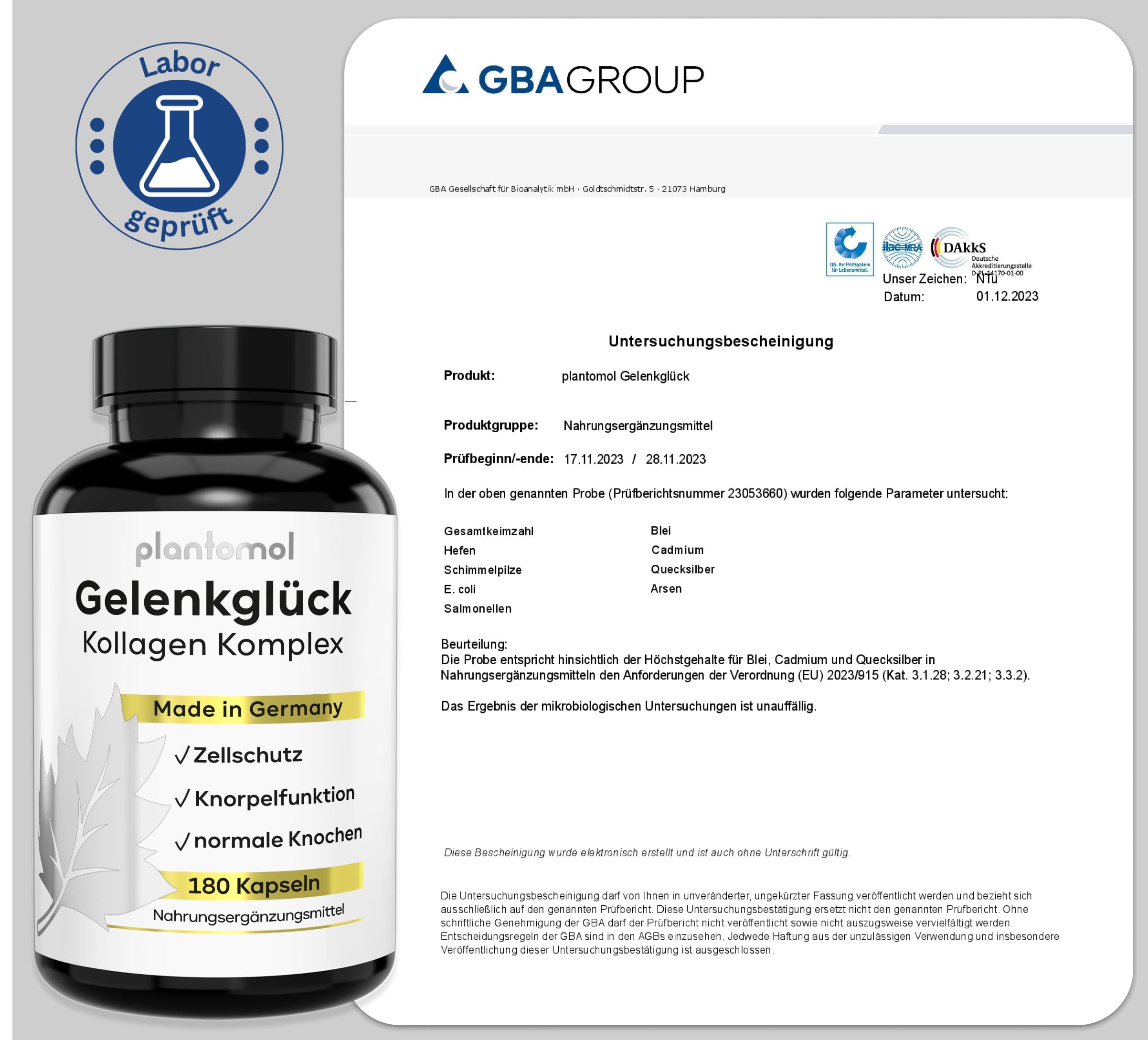 Flasche mit 180 Kapseln. Zertifikat mit Logo GBA GROUP. Labor geprüft. Aufschrift: Gelenkglück, Kollagen Komplex.