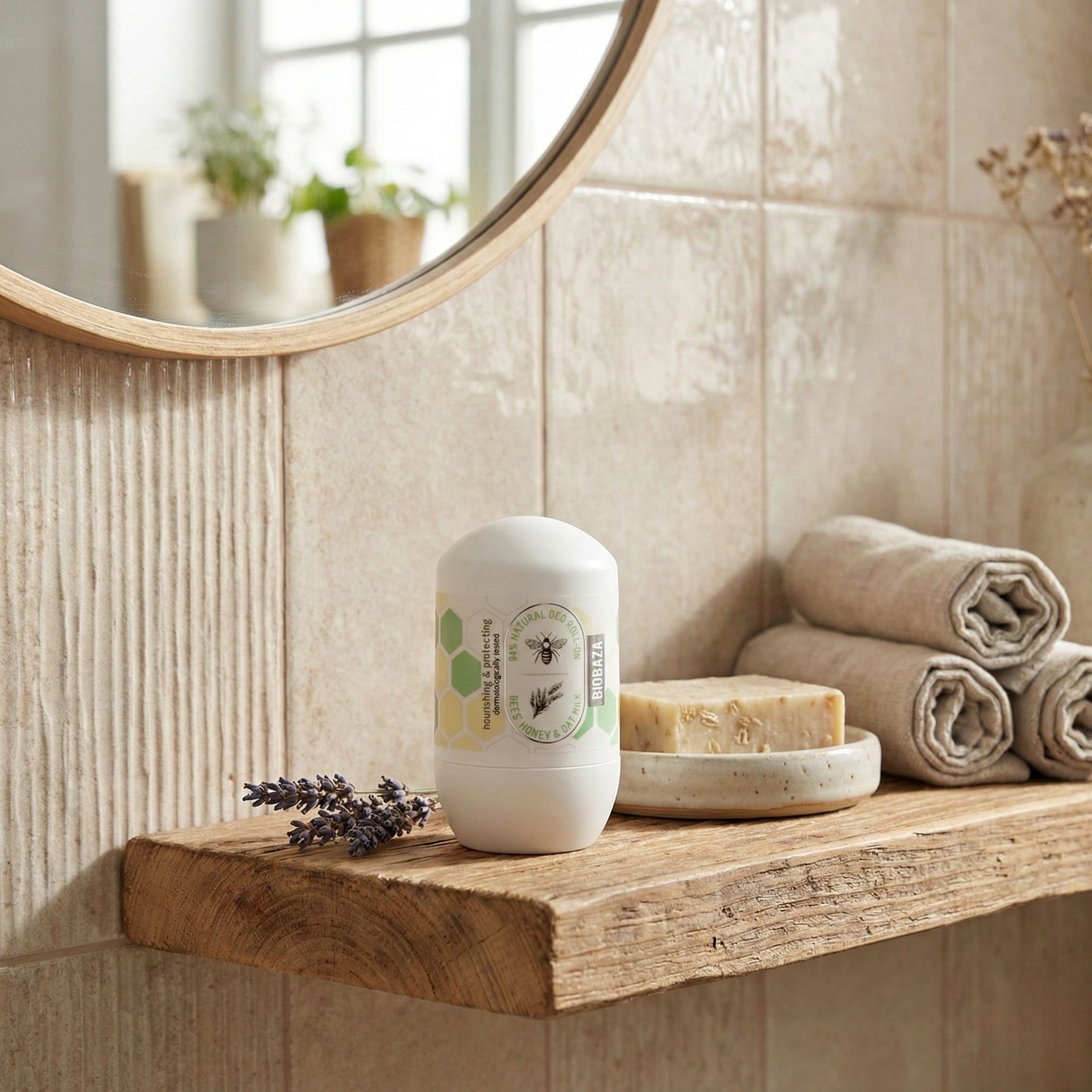 Weißes Deodorant auf einem Holzregal. Daneben Lavendel, Seife und Handtücher. Im Hintergrund Spiegel und Fliesen.