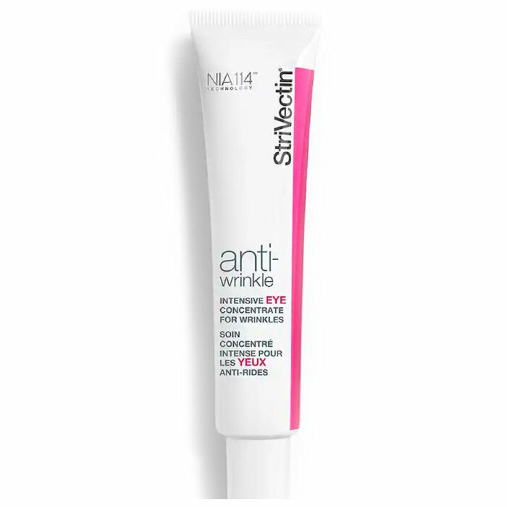 Weiße Tube mit pinkfarbenem Streifen. Text: Strivectin, anti-wrinkle, Intensive Eye Concentrate for Wrinkles. Produkt für Augen.