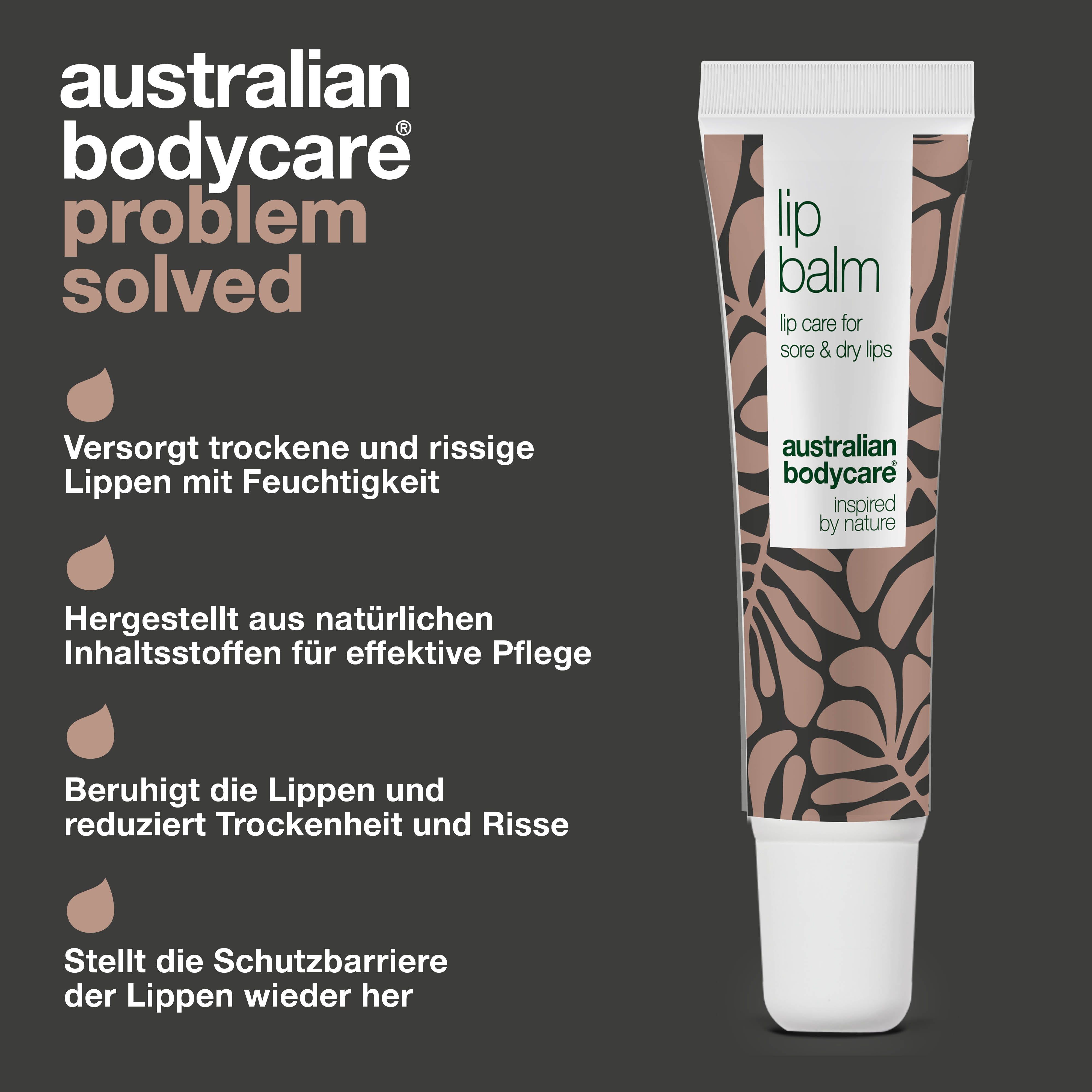 Lippenpflege-Tube. Text: Lippenbalsam, Australian Bodycare. Hilft bei trockenen Lippen. Natürliche Inhaltsstoffe.