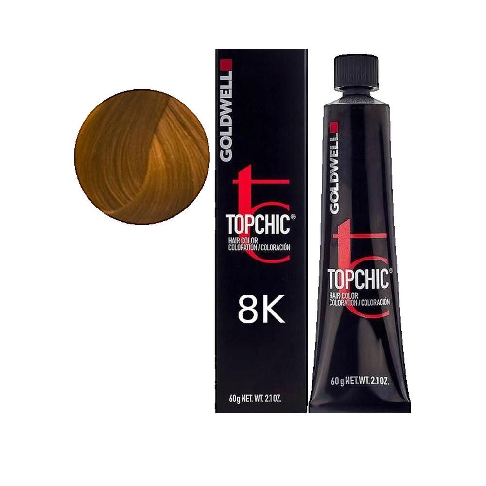 Goldwell Topchic Haarfarbe, Tube und Verpackung. Aufgedruckt: 8K. Daneben ein Haarfarbmuster in der entsprechenden Farbe.