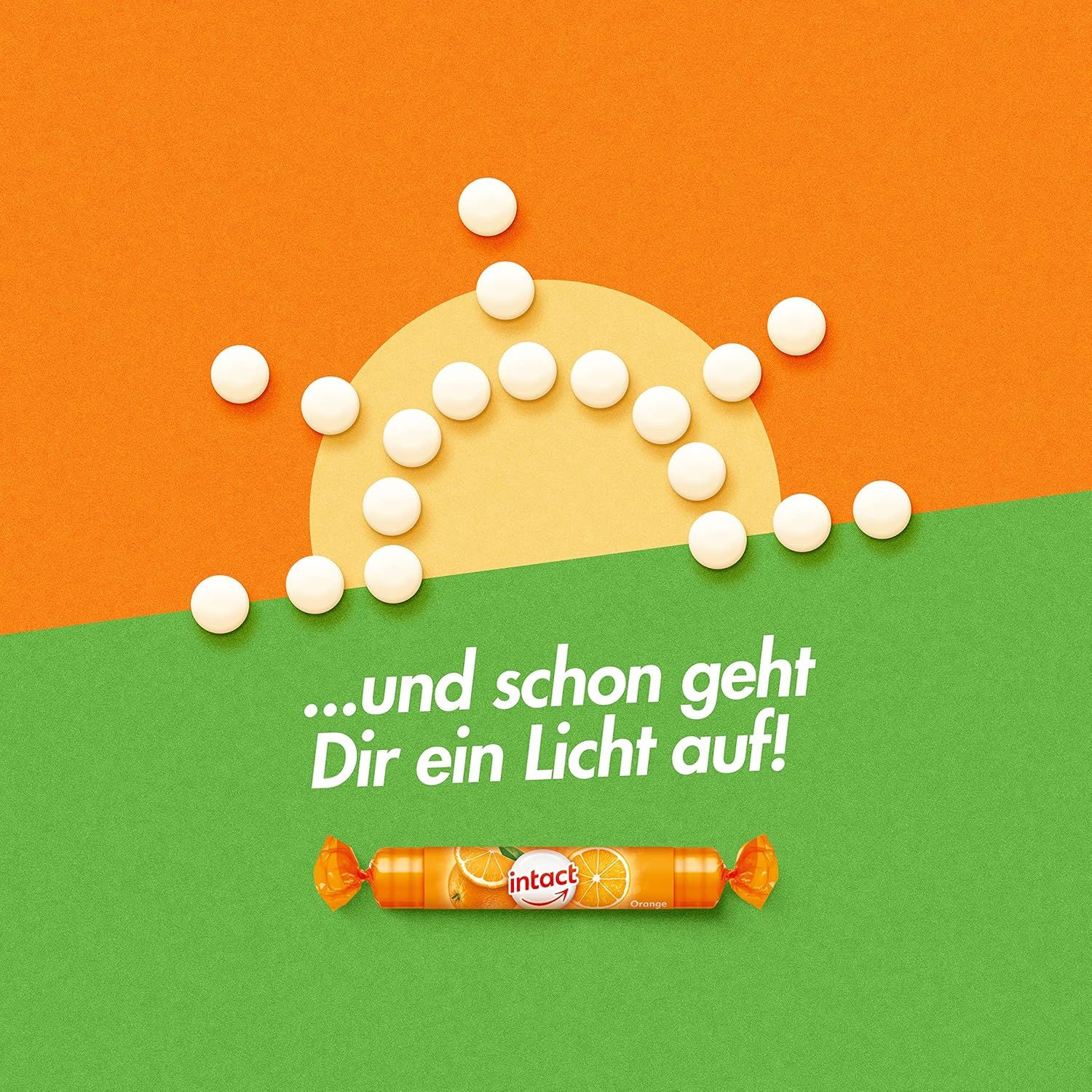 Eine Rolle Traubenzucker. Auf der Rolle ist der Schriftzug "intact" zu sehen. Daneben liegen weiße Tabletten, die eine Sonne bilden.