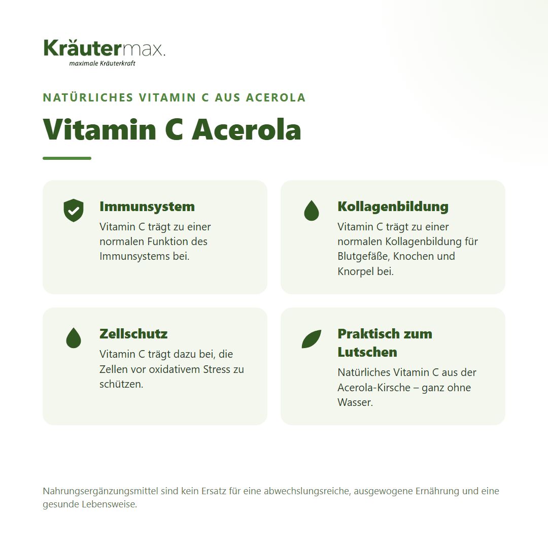 Grafik mit vier Feldern zu den Vorteilen von Vitamin C Acerola: Immunsystem, Kollagenbildung, Zellschutz, praktisch.