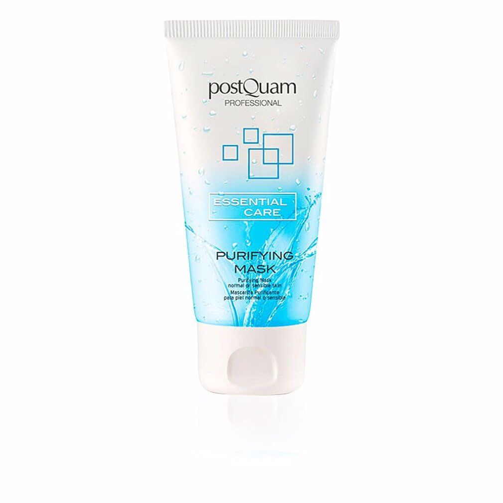 Weiße Tube mit blauem Design. Aufschrift: Postquam Professional, Essential Care, Purifying Mask. Produkt für die Gesichtspflege.