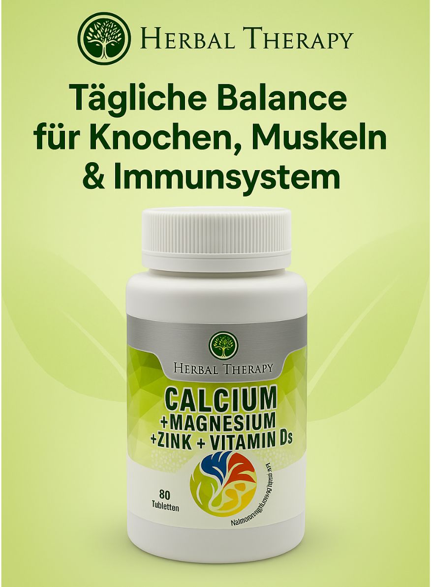 Tablettenfläschchen mit Schraubverschluss. Aufschrift: Calcium + Magnesium + Zink + Vitamin D3. 80 Tabletten. Hintergrund: grüner Farbverlauf.