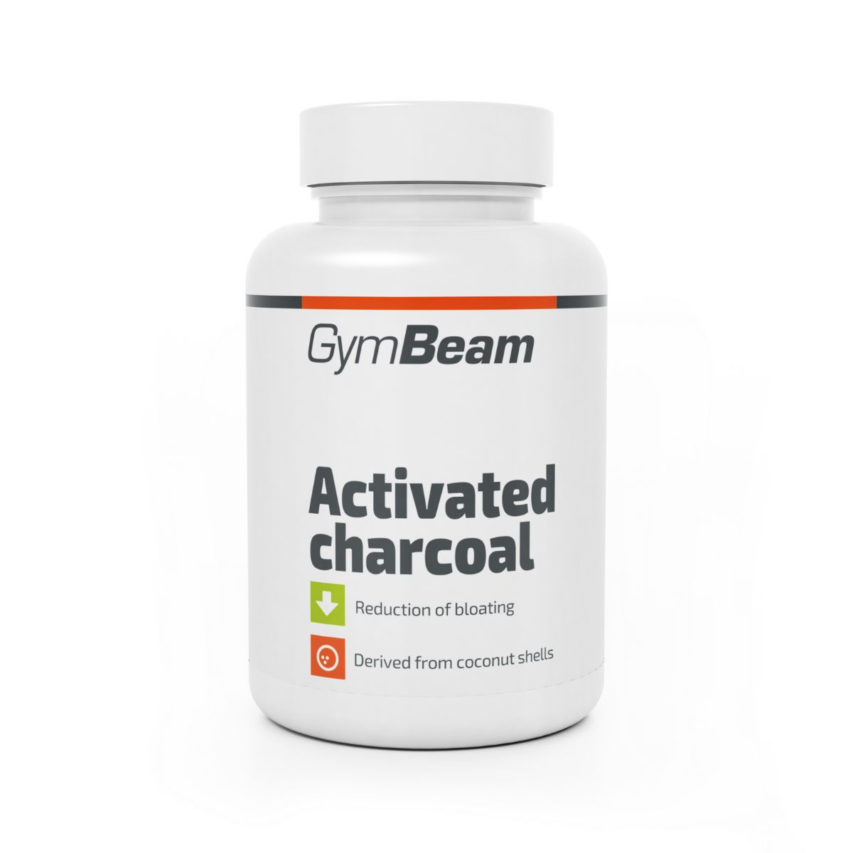 GymBeam Aktivkohle Kapseln in weißem Behälter mit schwarzem Deckel. Etikett zeigt 'Activated charcoal'.