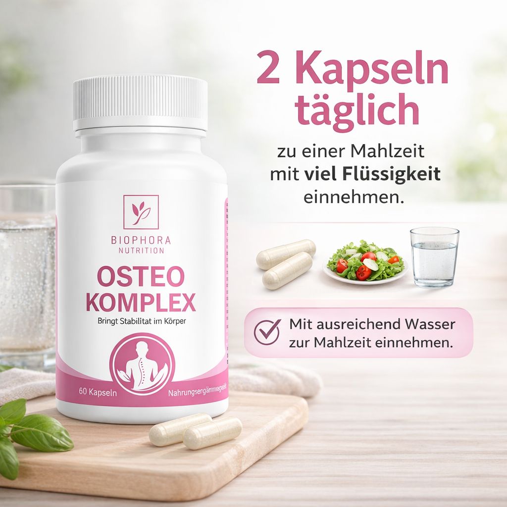 Weiße Flasche mit pinkfarbenem Etikett. Aufschrift: OSTEO KOMPLEX. 60 Kapseln. Zwei Kapseln, Salat, Wasserglas. Text: 2 Kapseln täglich.