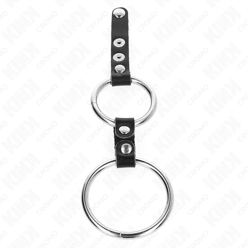 Doppelter Penisring mit zwei Metallringen, verbunden durch schwarze Lederbänder mit Druckknöpfen.