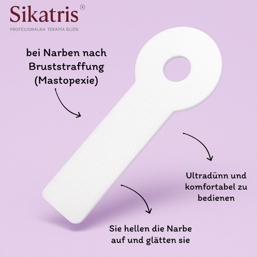 Transparentes Silikonpflaster, Anwendung bei Narben nach Bruststraffung. Text: Aufhellung und Glättung der Narbe, ultradünn.