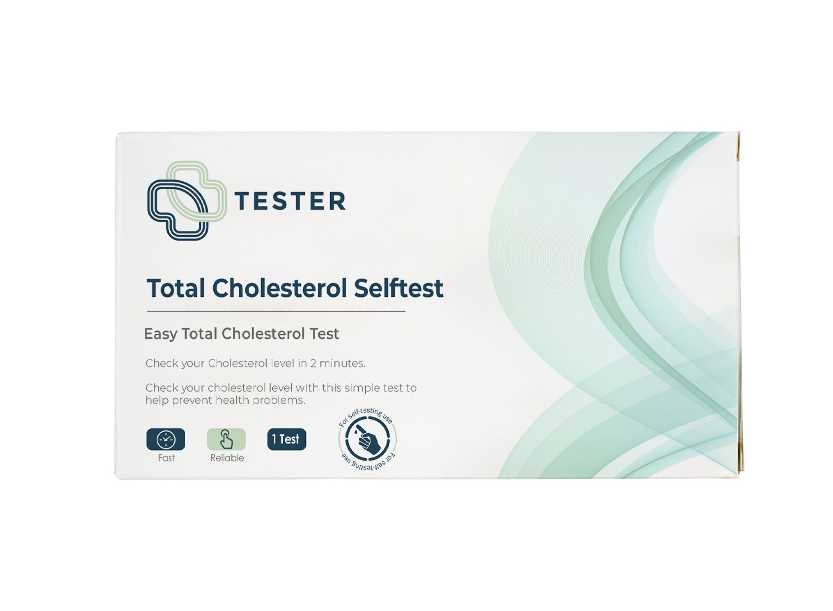 Verpackung mit Aufschrift "Total Cholesterol Selfstest". Logo "Tester". Grün-weiße Wellenmuster. Angaben zur Testzeit und Zuverlässigkeit.