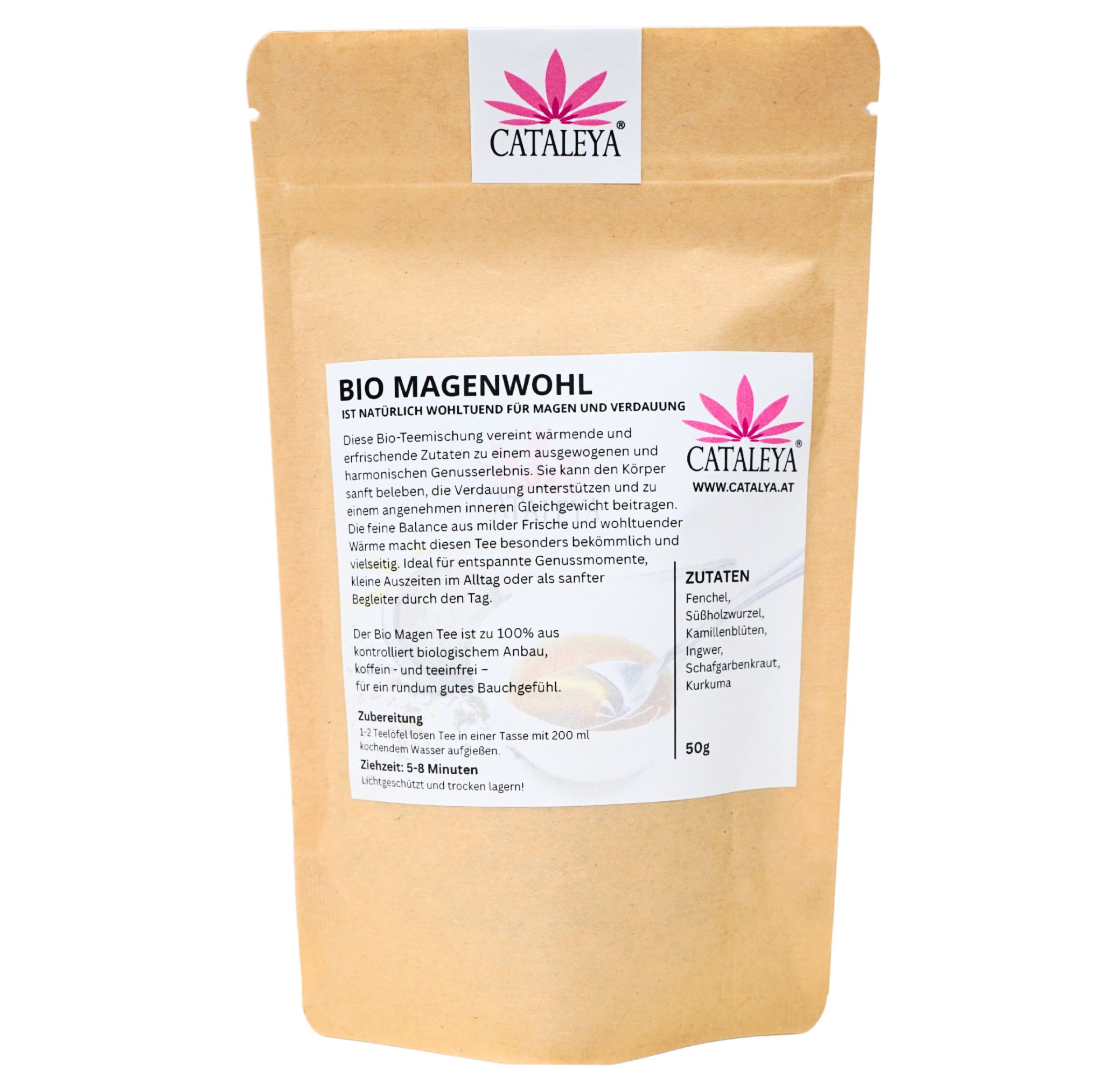 Eine braune Papiertüte mit der Aufschrift 'BIO MAGENWOHL' und Kräutermischung. Die Tüte ist 50g schwer.