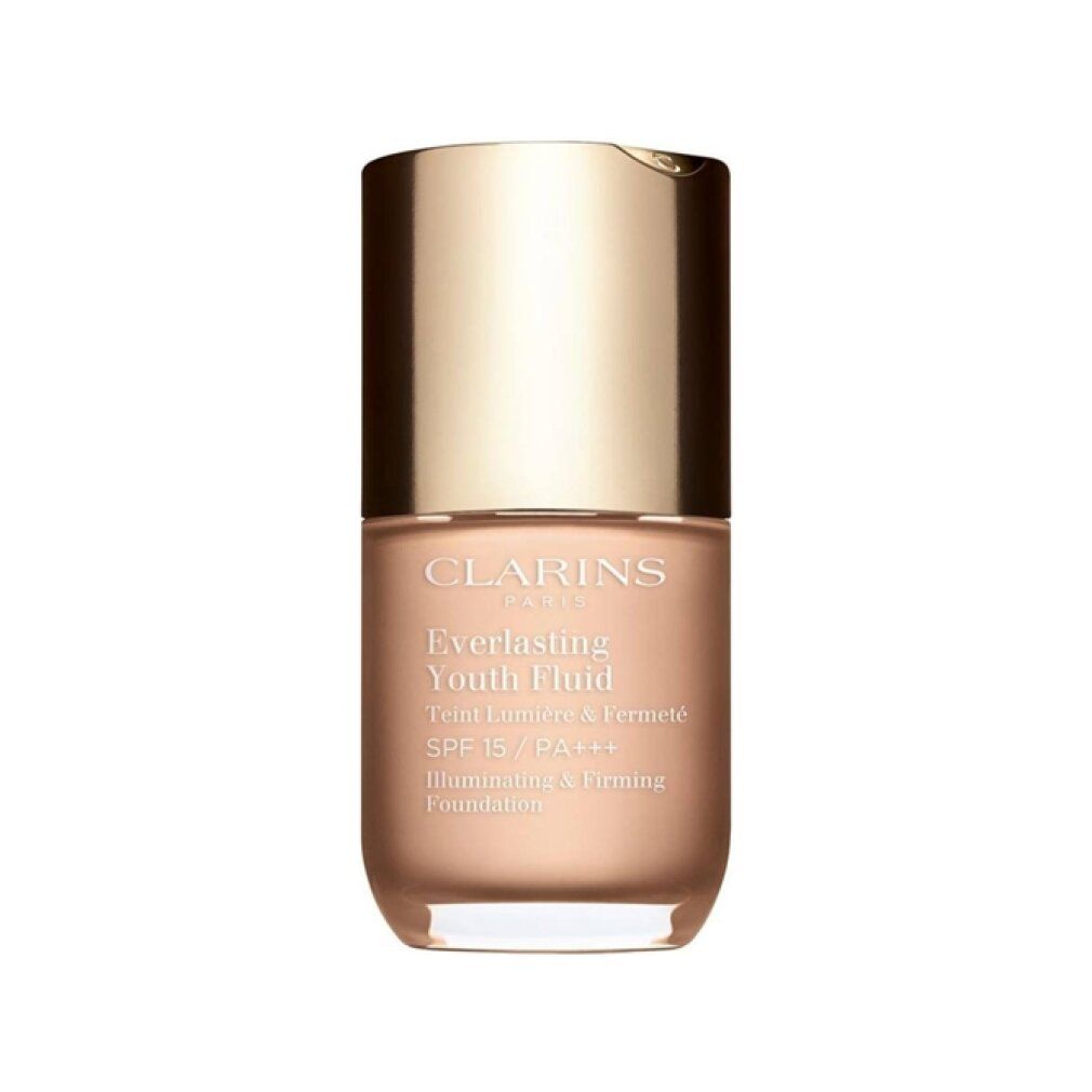 Clarins Everlasting Youth Fluid SPF 15. Flasche mit goldfarbenem Deckel und beigem Inhalt. Text: Teint Lumière & Fermeté.