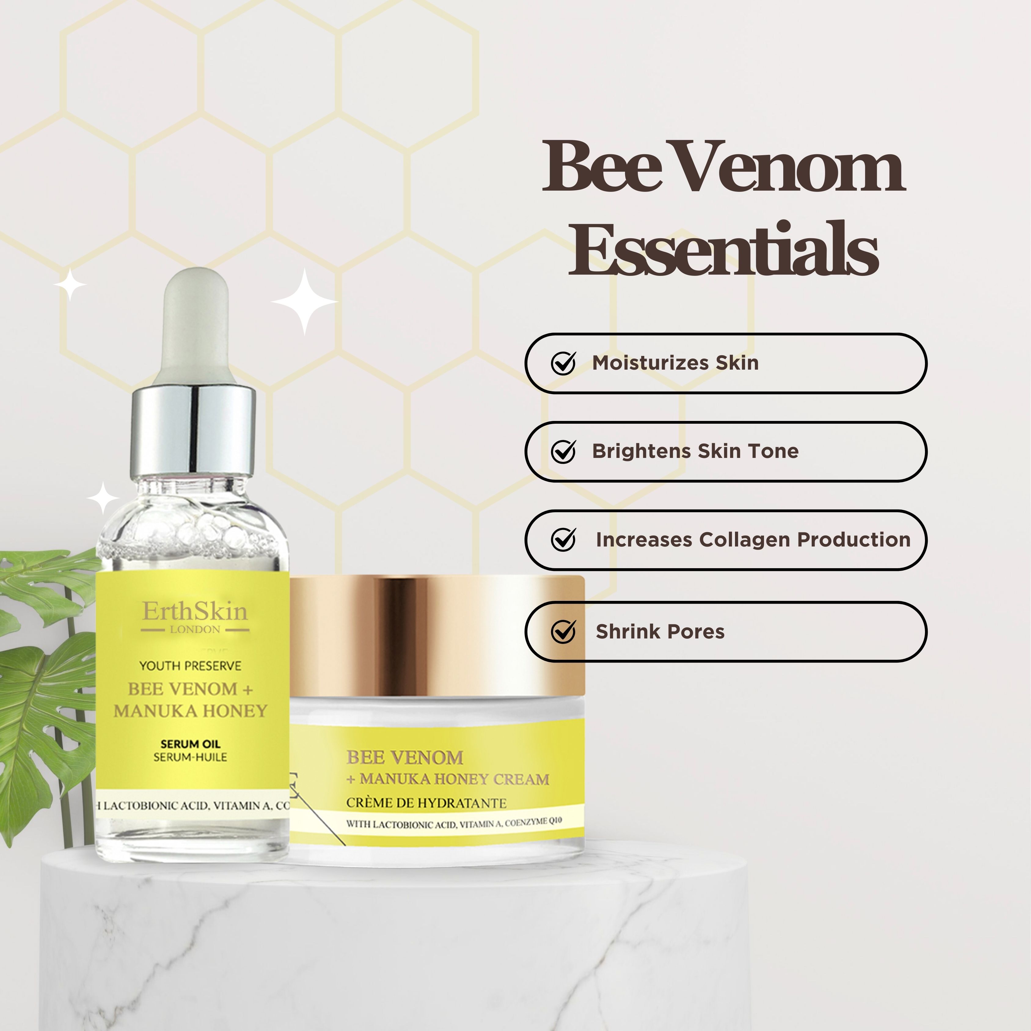 Serumflasche und Cremebehälter. Beide mit gelben Etiketten und Produktnamen. Serum mit Pipette. Creme mit goldenem Deckel. Auf Podest.