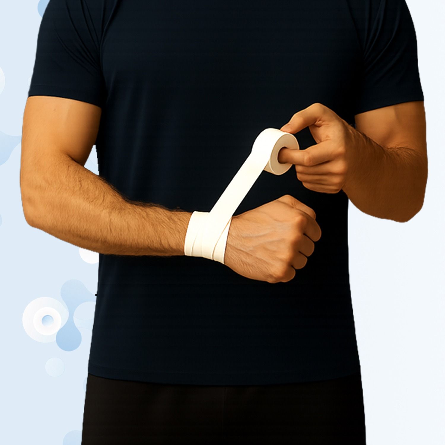Weißes Sporttape wird am Handgelenk angebracht. Eine Hand hält die Rolle, die andere wickelt das Tape. Der Mann trägt ein schwarzes T-Shirt.
