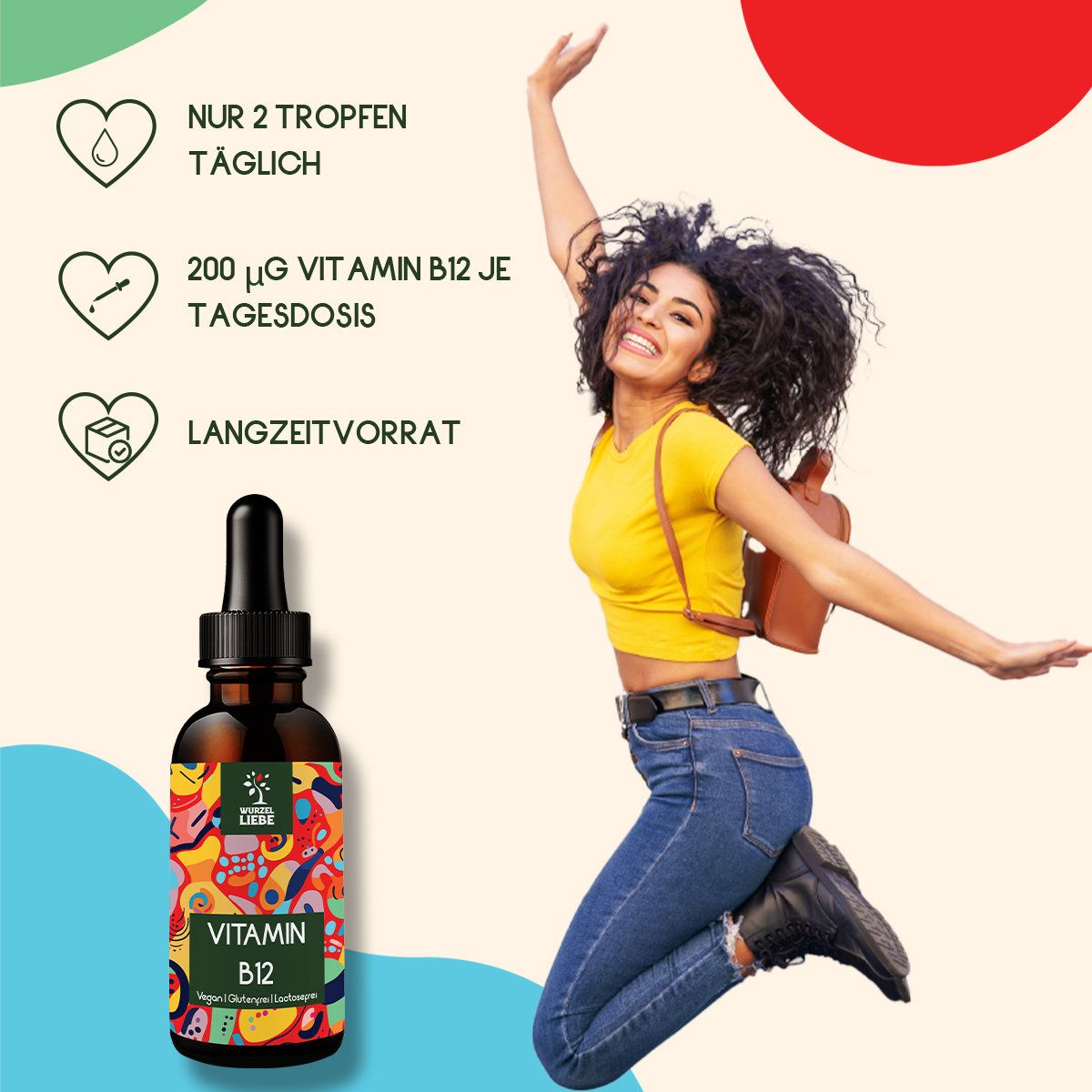 Braune Glasflasche mit Tropfer. Aufschrift: Vitamin B12. Frau springt fröhlich. Text: Nur 2 Tropfen täglich, 200 µg Vitamin B12, Langzeitvorrat.