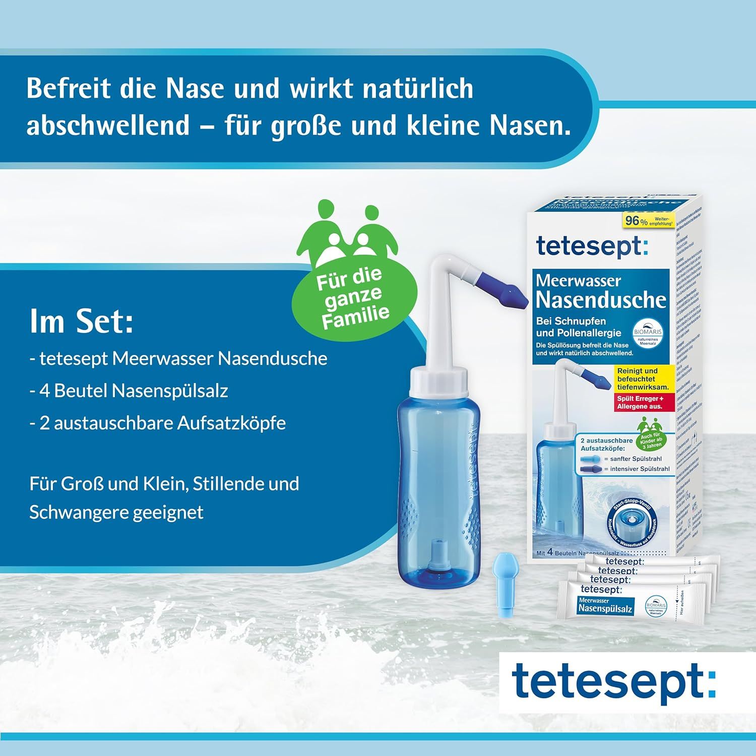 Nasendusche mit blauem Behälter, Aufsatz und Verpackung. Text: tetesept Meerwasser Nasendusche. Für die ganze Familie.