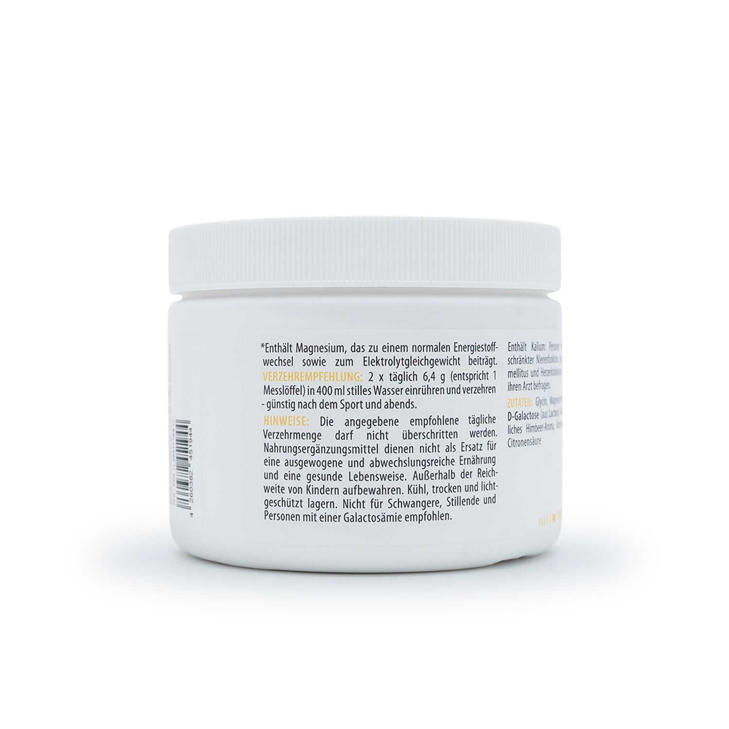 Seitenansicht der MITOcare® Power Elektrolyte Dose mit Anwendungshinweisen und Warnhinweisen.