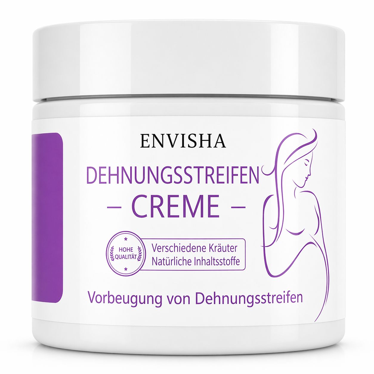 ENVISHA Dehnungsstreifen-Creme-Dose. Text: ENVISHA, Dehnungsstreifen-Creme, verschiedene Kräuter, natürliche Inhaltsstoffe.