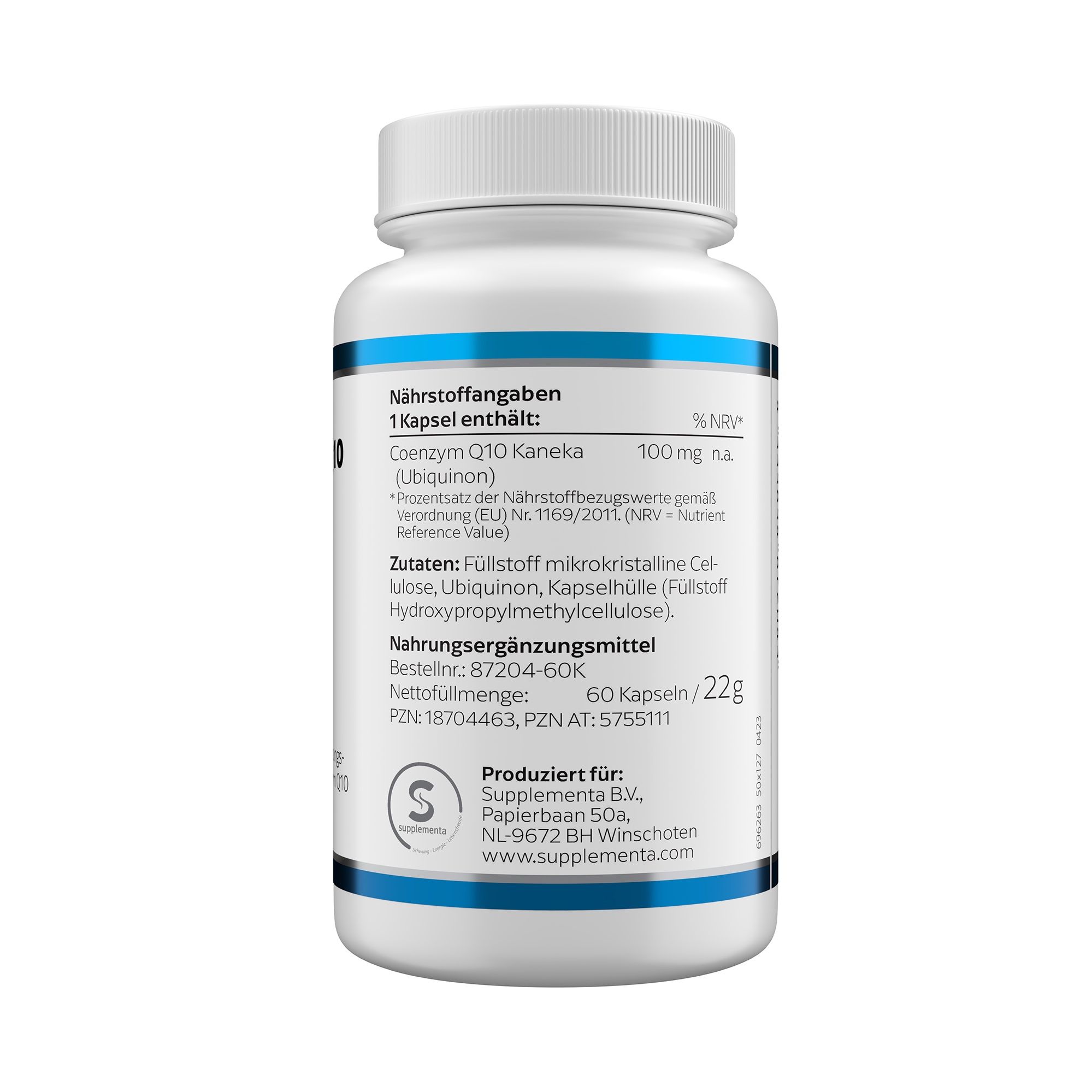 Rückseite der weißen Flasche. Text: Nährstoffangaben, Zutaten, Nettomenge 60 Kapseln/22g. Herstellerinformationen. Siegel.