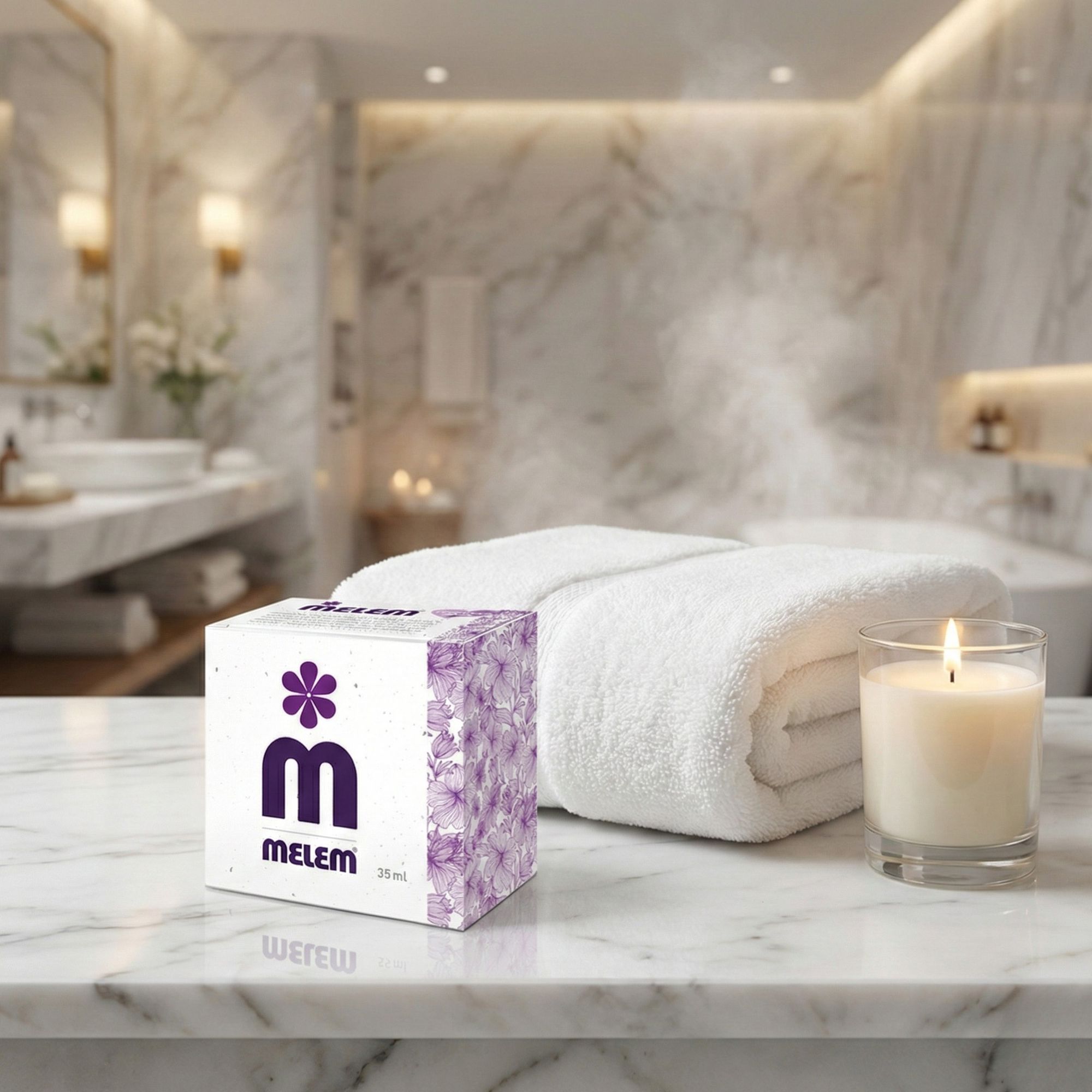 Verpackung mit lila Blumenmuster und Logo auf einer Marmoroberfläche. Aufschrift: Melem, 35 ml. Neben Handtuch und Kerze.
