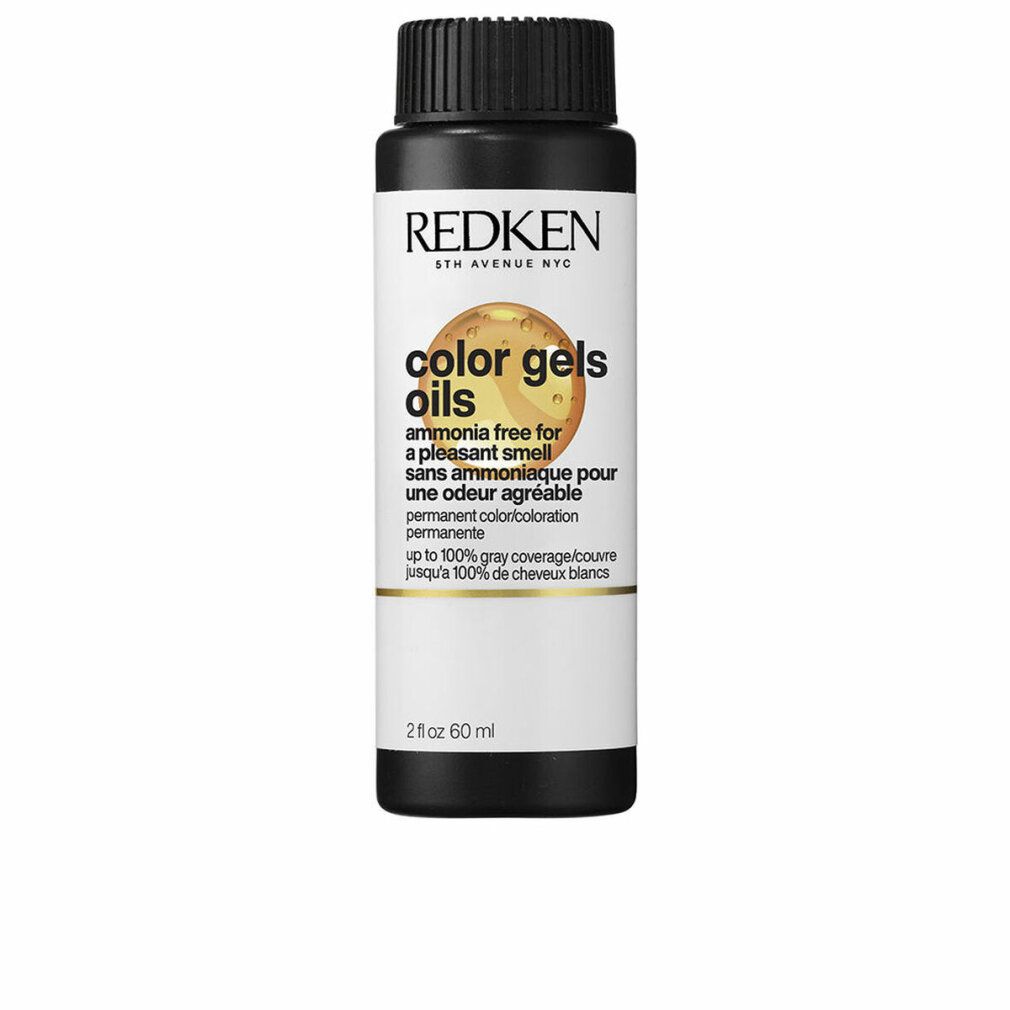 Schwarze Flasche mit Produktetikett. Aufschrift: Redken, color gels oils, permanente Coloration. 60 ml.