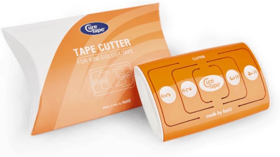 CureTape Tape Cutter und Verpackung. Der Cutter ist orange mit weißen Details. Die Verpackung ist orange und weiß.