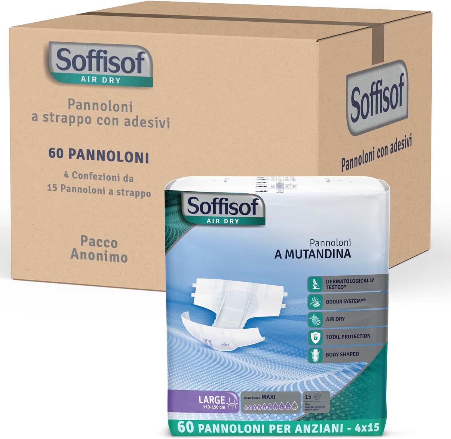 Soffisof Air Dry Windeln für Erwachsene Maxi. Verpackung und Karton. Aufschrift: 60 Stück, Large, A Mutandina.