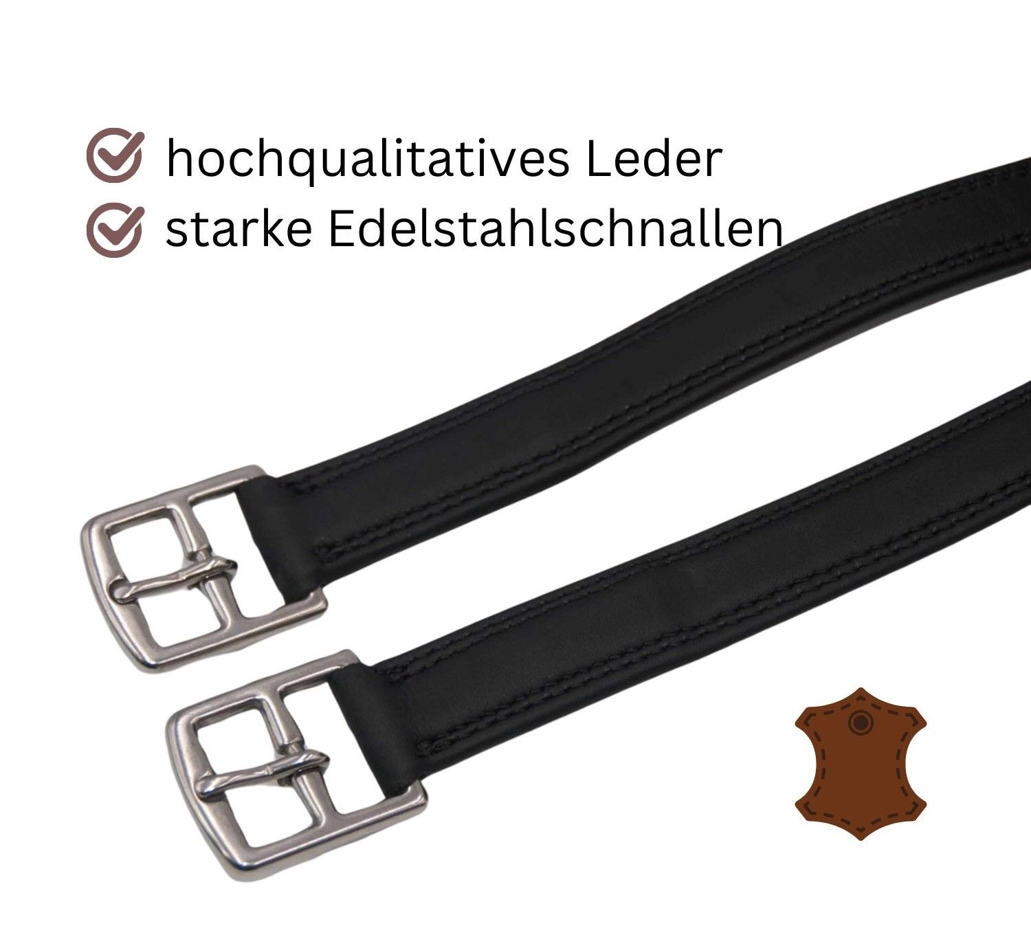 Nahaufnahme von schwarzen Steigbügelriemen mit silbernen Metallschnallen. Text: hochwertiges Leder, Edelstahl.