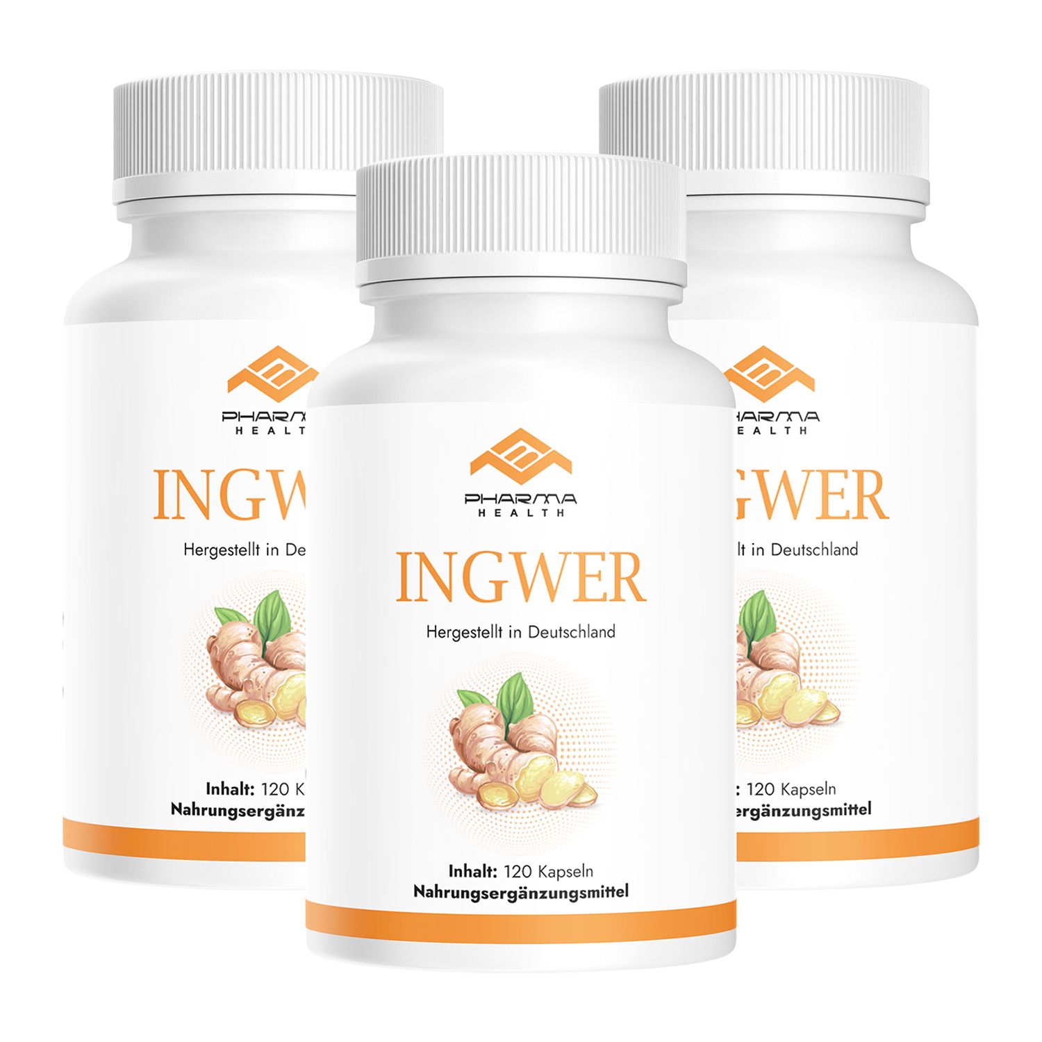 Drei weiße Flaschen mit Ingwer Kapseln. Aufschrift: INGWER, Pharma Health. Abbildung von Ingwerwurzeln.