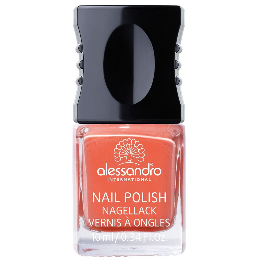 Nagellackflasche mit schwarzem Deckel. Aufschrift: alessandro, Nail Polish, Nagellack, Vernis à Ongles. Farbe: Pfirsich.