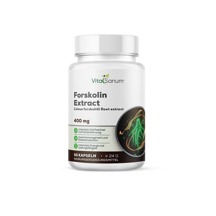 Weiße Flasche mit Kapseln. Aufschrift: VitaSanum, Forskolin Extract, 400 mg. Illustration von Coleus Forskohlii.