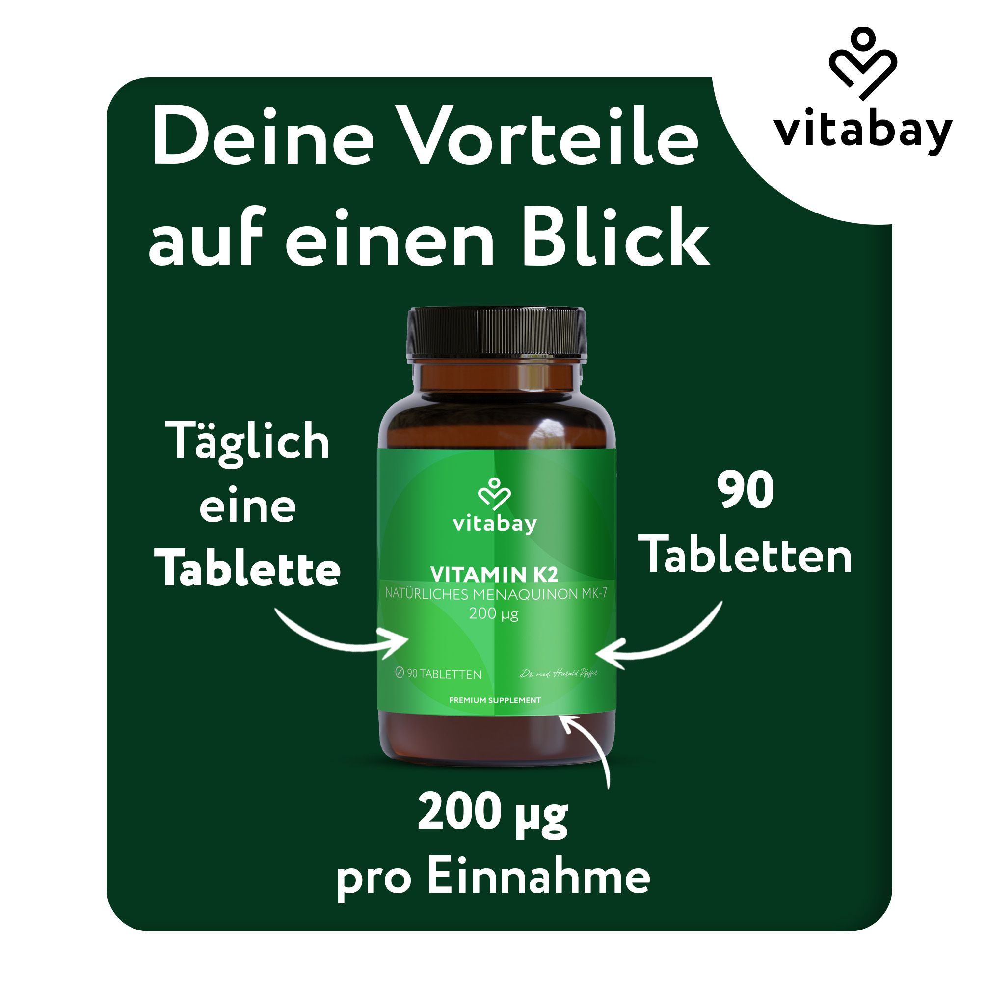 Vitabay Vitamin K2 Flasche, 90 Tabletten, 200 µg pro Einnahme. Täglich eine Tablette.