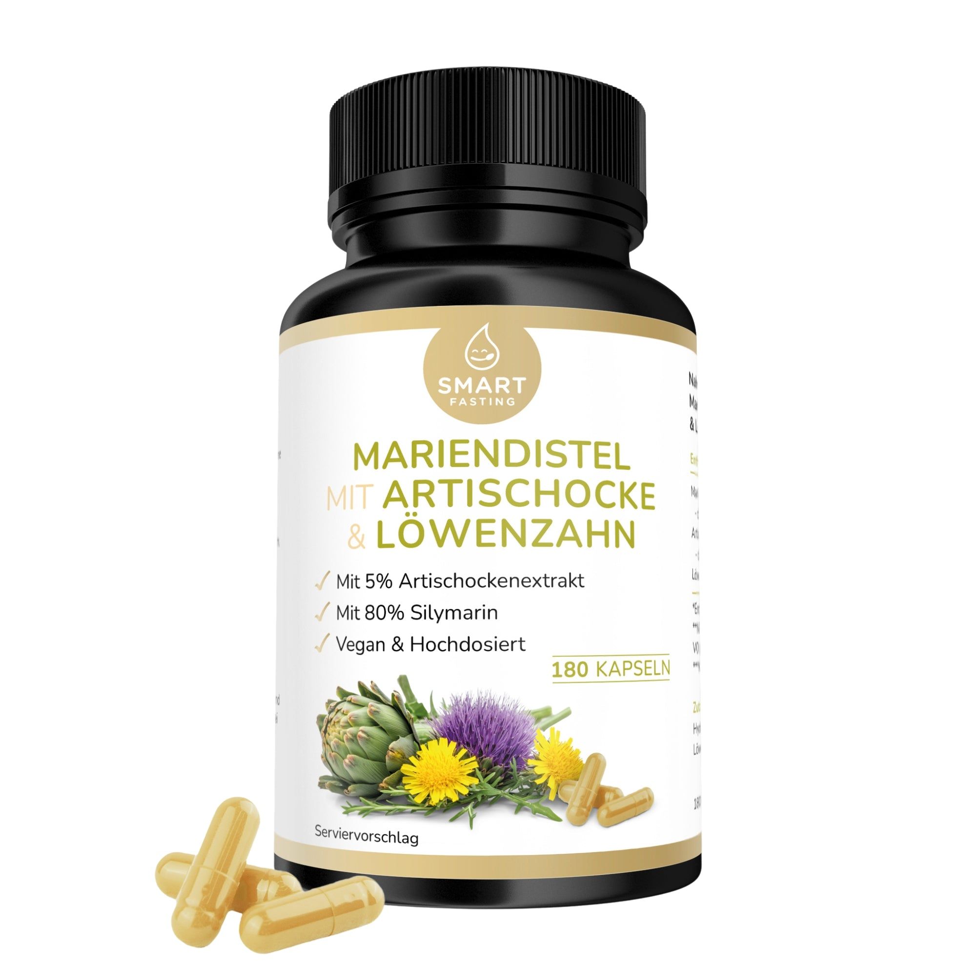Braune Kapseln neben einer schwarzen Flasche mit weißem Etikett. Auf dem Etikett steht Mariendistel, Artischocke & Löwenzahn. 180 Kapseln.