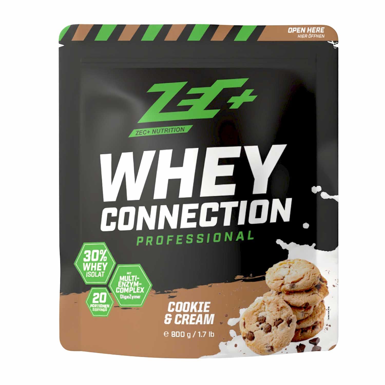 Beutel mit ZEC+ Whey Connection Professional Sahnekeks. Aufschrift: Cookie & Cream. 30% Whey Isolat, 20 Portionen. 800 g / 1.7 lb.